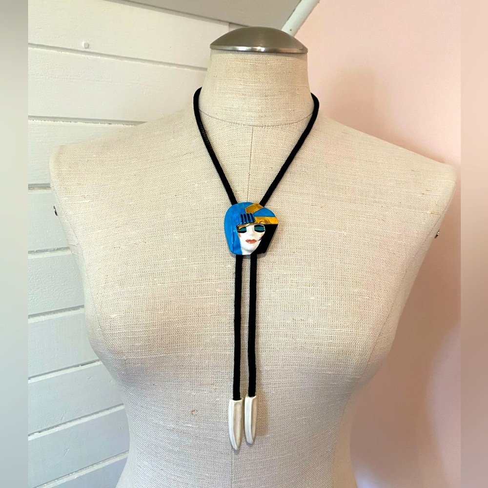 Vintage 80s Ceramic Bolo Tie, Gold, Turquoise